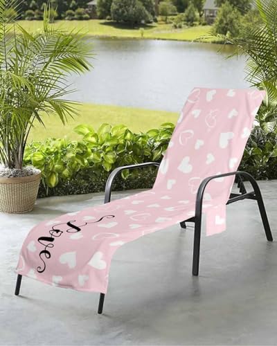 Valentine's Love Beach Chair Towel Covers for Chaise Lounge with Side Pocket, Soft Plush Pool Towels Cover for Patio Sunbathing Outdoor 29''x85'' Solid Simple Pink Romantic Heart