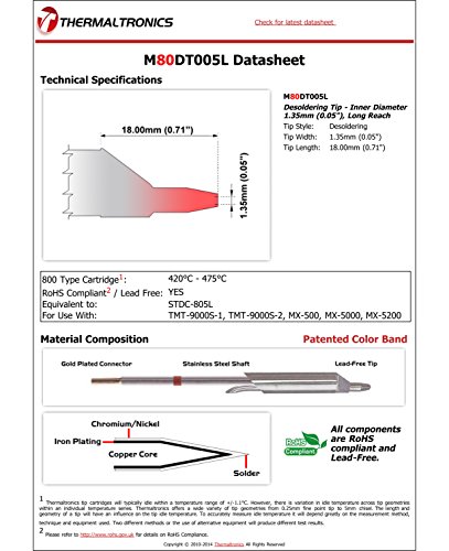 Image of Thermaltronics M80DT005L Desoldering Tip - Inner Diameter 1.35mm (0.05in), Long Reach interchangeable for Metcal STDC-805L