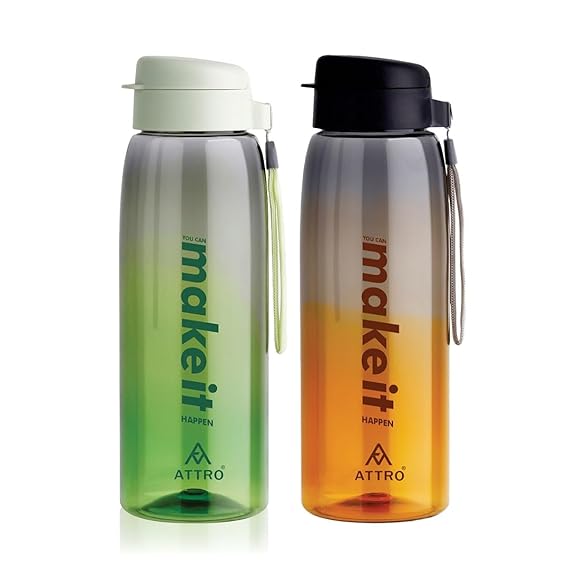ATTRO Sip Star Plastic Water Bottle – 1000ml, BPA-Free, Leak-Proof & Durable Sports and Travel Bottle, Ideal for Gym, School, Outdoor, Daily Use & Office – Assorted, Set of 2
