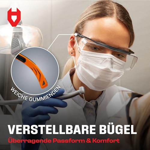 NoCry Sicherheits-Überbrille mit Kratzbeständigen Gläsern, Seitenschutz, Verstellbaren Bügeln, 400 UV-Schutz, schwarz oranger Rahmen und EN166, EN170, EN172, EN175 Zertifiziert