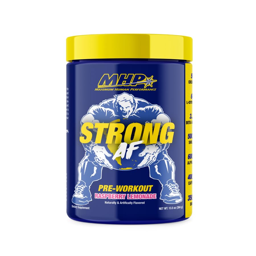 MHP Strong AF Pre-Workout Muscle Building Strength Performance Creatine Shilajit Beta Alanine Citrulline Alpha-GPC Raspberry Lemonade 40 Servings