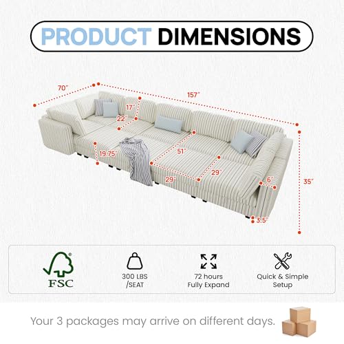 Image of 128 inch Cotton Linen Modular Sectional Sofa Bed with Hidden Storage, 10 Seat Convertible L U Shaped Sleeper Couch with Ottoman Chaise, Farmhouse Modular Sectional Couch with Removable Cover for Apartment