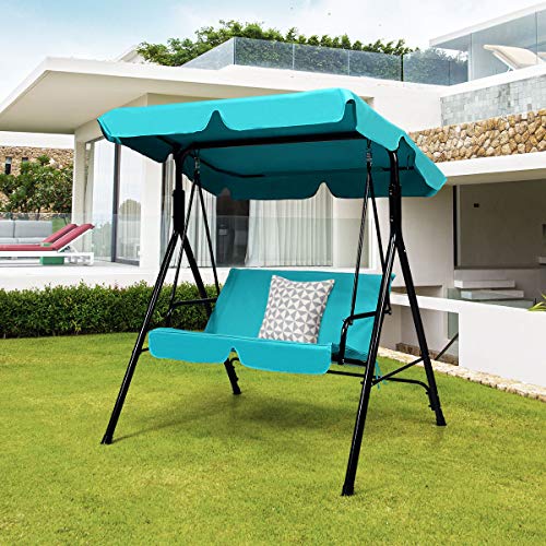 Image of Tangkula 2 Person Porch Swing, Outdoor Swing with Removable Cushions, Solid Steel Structure, Patio Swing with Adjustable Canopy for Porch, Backyard, Garden, Balcony Turquoise
