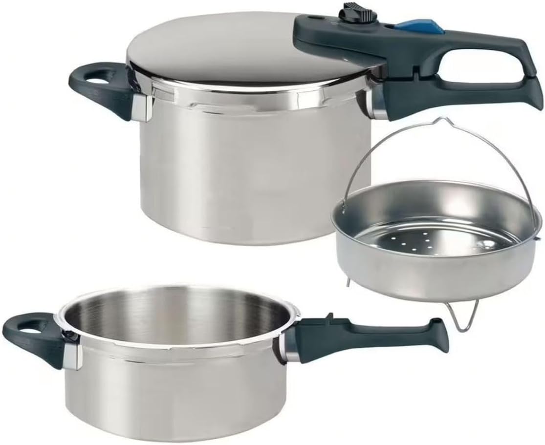 ELO Praktika XL 5-częściowy zestaw szybkowarów, 22 cm, ze stali nierdzewnej 18/10, automatyczny system regulacji ciśnienia, delikatne gotowanie, mocne dno magazynowania ELO-Therm, z mechanizmem