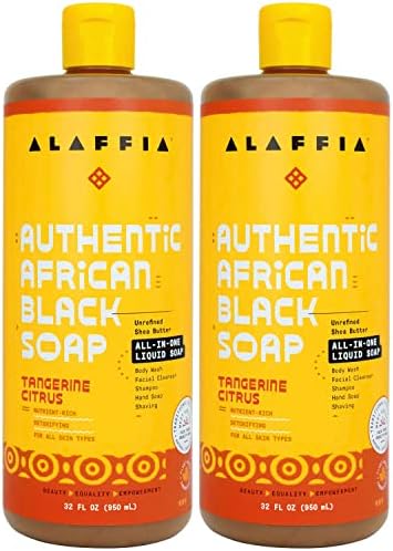 Alaffia Skin Care, Authentic African Black Soap, All in One Liquid Soap, Moisturizing Face Wash, Sensitive Skin Body Wash, Shampoo, Shaving Soap, Shea Butter, Tangerine Citrus (2 Pack-32 Fl Oz Ea)