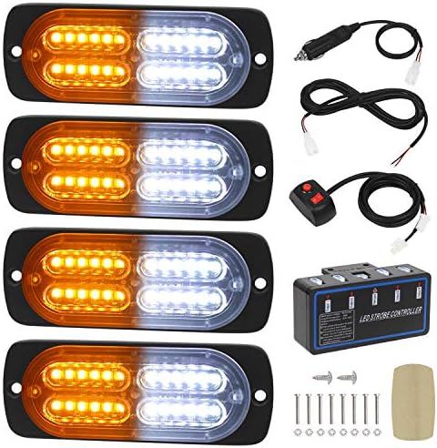 LINKITOM 4pcs Ultra Slim Sync Feature 24-LED Car Truck Surface Mount Emergency Hazard Warning Strobe light (Amber&White)