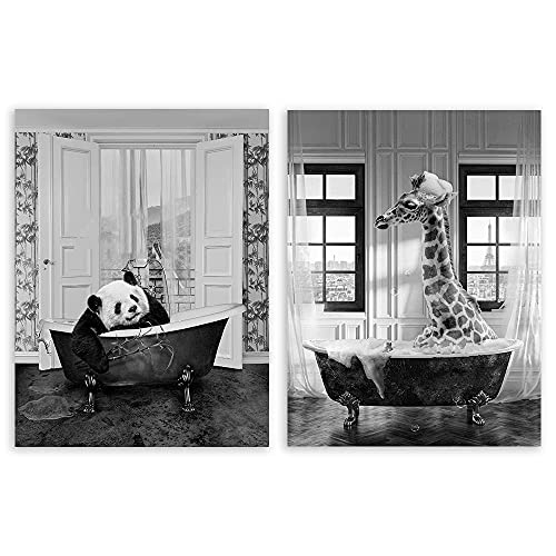 HNZKly 2 PièCes Girafe Panda Affiche De Bain Baignoire Nordique Animal Murale Art Tableaux Noir Et Blanc Toile Tableau Peintures Mode Toilette Salle De Bain Decoration Moderne 20x27cmx2 sans Cadre Cover