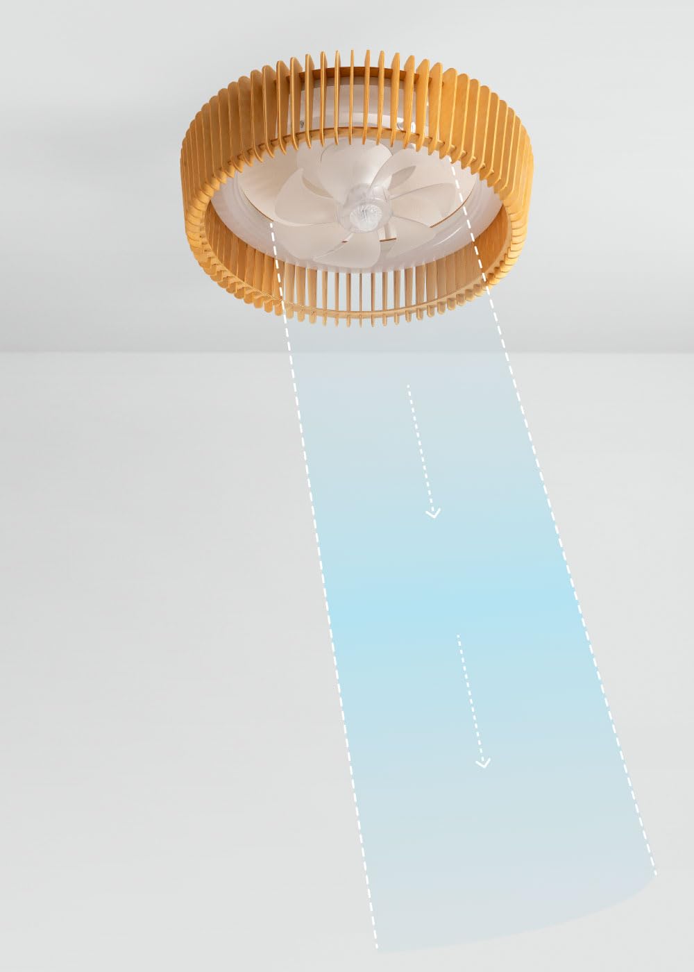 CREATE / WIND CRAFT/Ventilador de techo con luz blanco madera clara con mando / 20W, Programable, Ø58 cm, 6 velocidades, 3 temperaturas de luz, aspas direccionales, función verano-invierno