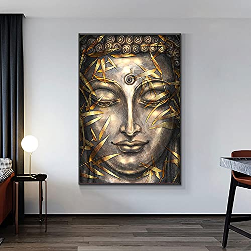 Affiche Bouddha or et noir, tableau bouddhisme sur toile 100x180cm décoration murale avec cadre