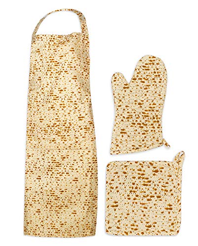 The Kosher Cook Passover Kitchen Linen Sets - Matzah Print Design - Kitchen Apron - Pot Holder - Oven Mitt - Pesach Seder and Kitchen Accessories