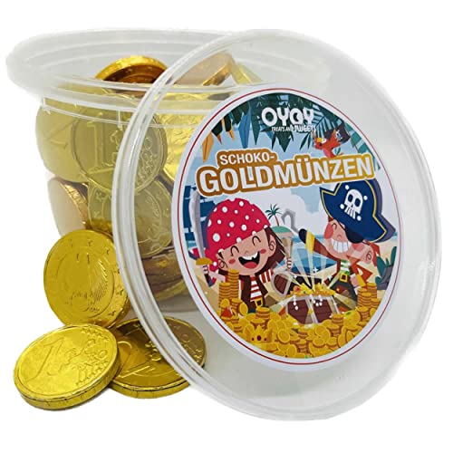 500g Goldmünzen aus Milchschokolade in einem Oyoy Eimer I Goldtaler aus Schokolade I ideal als Mitgebsel,für Schatzsuchen und für Kindergeburtstage I Mit Piraten Sticker Cover