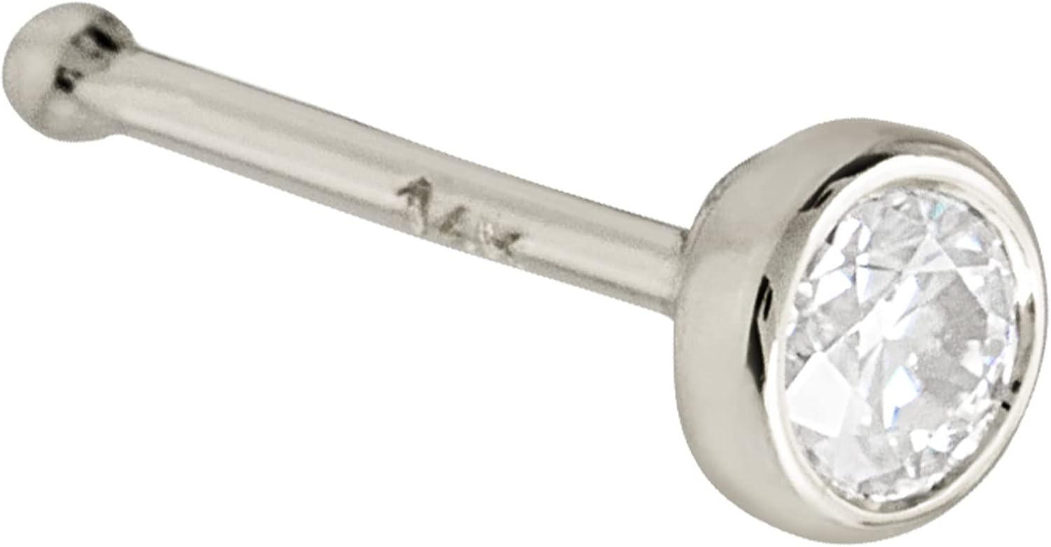 Solid 14Kt White/Yellow Gold Bezel Set Moissanite Ball-end Nose Stud - 22G Nose Bone Stud - April Birthstone Nose Ring Stud