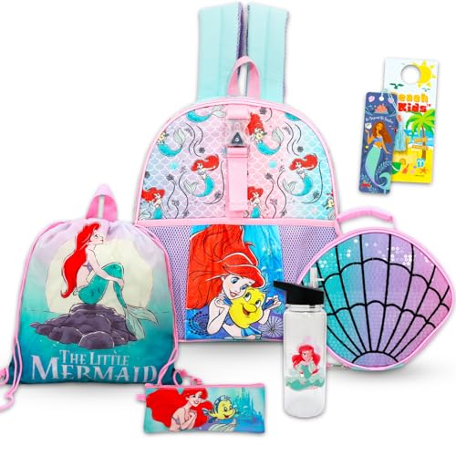 Disney The Little Mermaid Backpack and Lunch Box - Bundle with 16 Ariel Backpack Lunch Bag Pencil Holder Water Bottle Stickers More | Little Mermaid School Bag for Girls Set