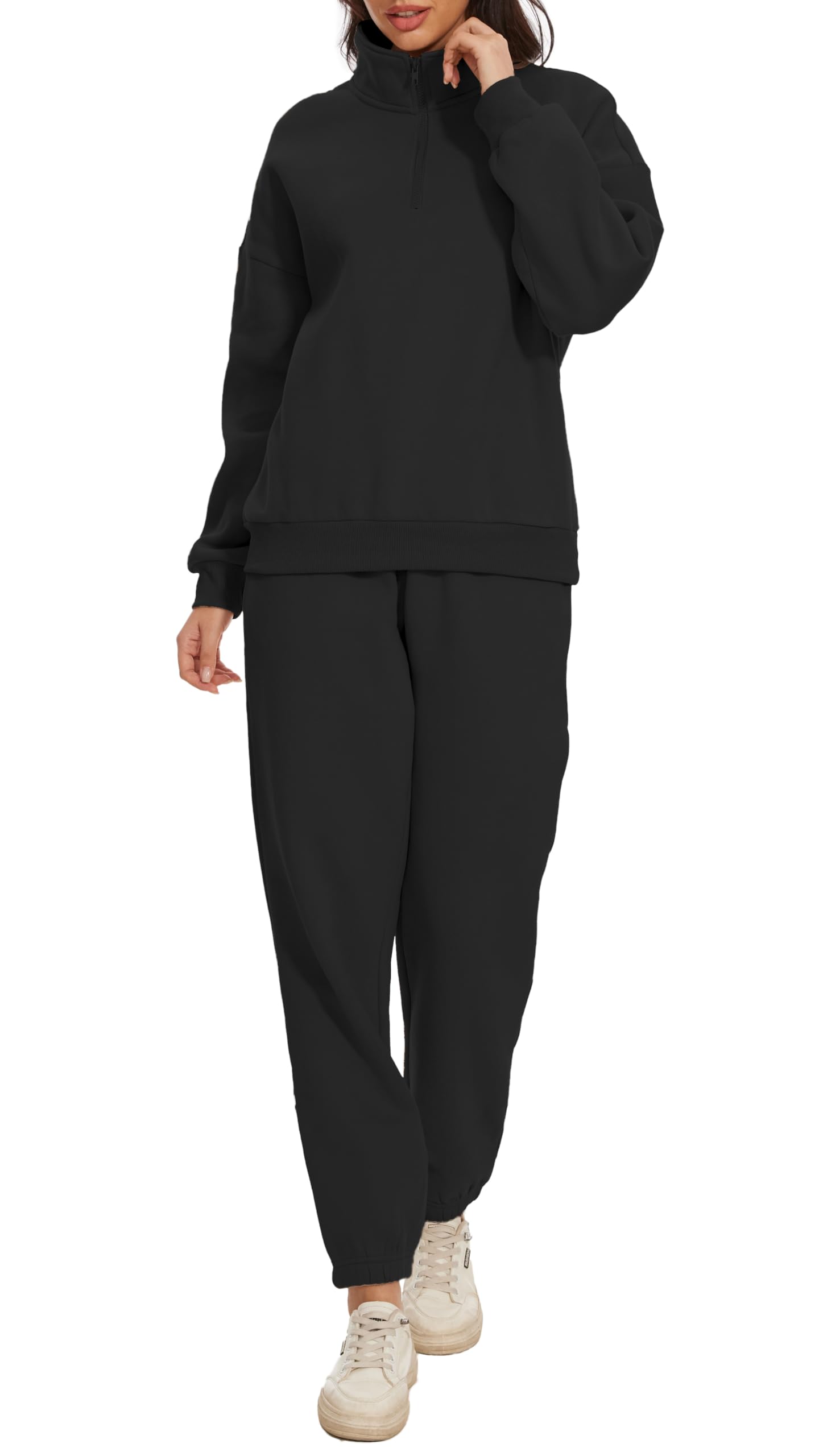 Sudadera de manga larga de gran tamaño para mujer, sudadera con media cremallera y pantalones de cintura alta, conjunto de 2 piezas con bolsillos