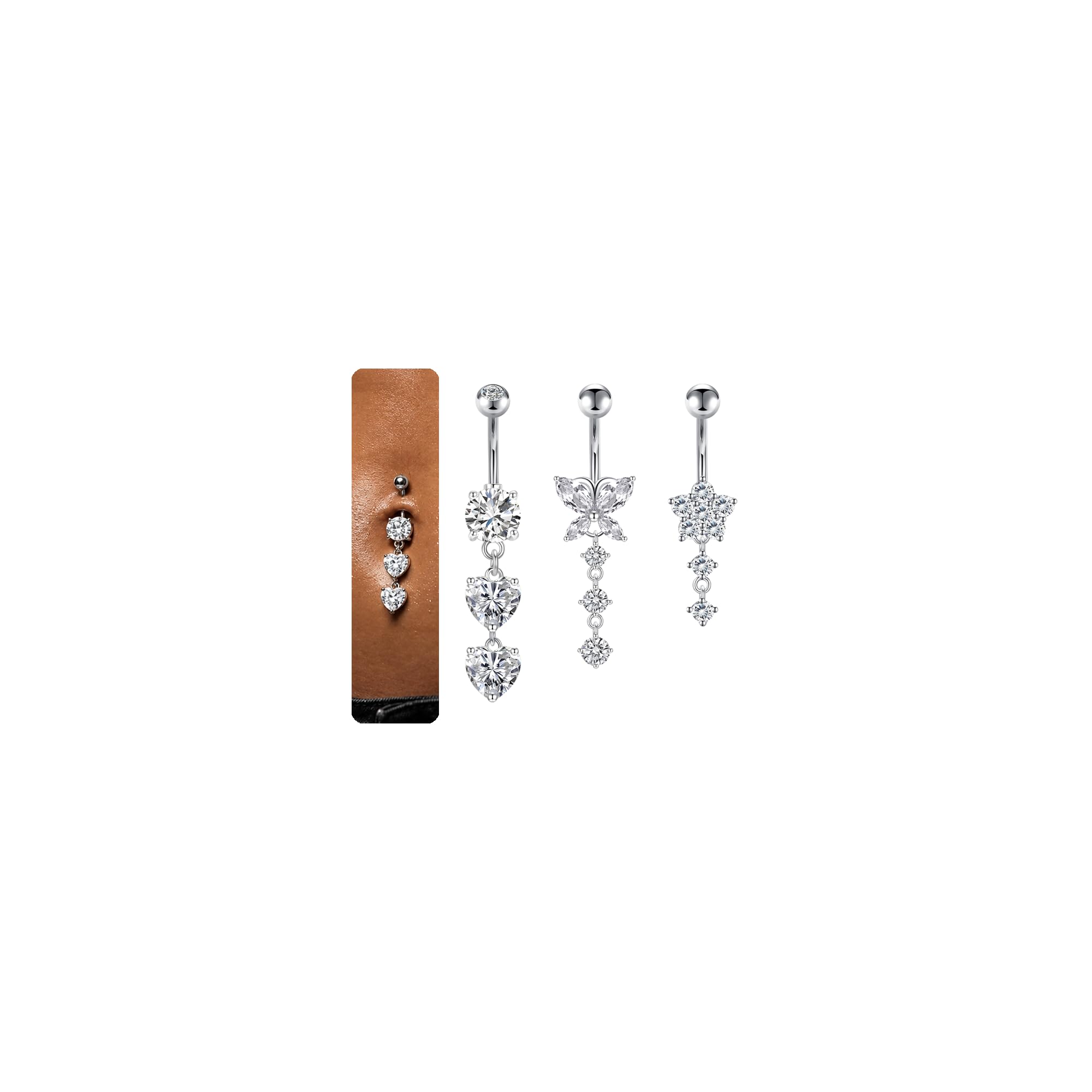Crdifu Bauchnabelpiercing 10mm Silber Bauchpiercing Edelstahl Herz Schmetterling Blume Anhänger Piercing Bauchnabel Schmuck Damen
