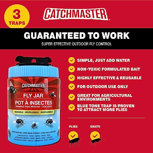 Catchmaster Reusable Fly Traps Outdoor Jar 3-Pack, Bug Catcher And Flying Insect Trap With Natural Attractant For Pest Control, Pet Safe, Non Toxic Bulk Fly Bait Traps #TOP2