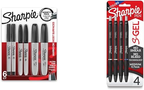 SHARPIE Paquete variado de marcadores permanentes, con marcadores finos, ultrafinos y de punta de cincel, negro, 6 unidades y S-Gel, bolígrafos de
