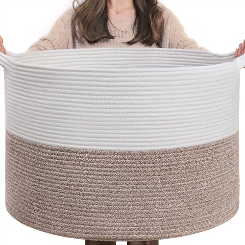 INDRESSME XXXLarge Cotton Rope Basket 21.7″ x 21.7″ x 13.8″ Woven Baby Laundry Blanket Basket Toy Baskets with Handle Storage Comforter Cushions Thread Laundry Hamper Home Decor Living Room