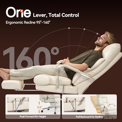 Image of OKUP M76 160 Reclining Executive Office Chair with Footrest, Adjustable Seat Depth Leather Office Chair, 8 inch Thick Sofa-Like Cushion, 420 lb Reinforced High Back Desk Chair for Home Office, Cream