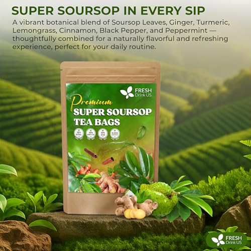 Image of FreshDrinkUS, Super Soursop Herbal Tea - 60 Tea Bags | Soursop, Ginger, Turmeric, Lemongrass, Cinnamon, Black Pepper & Peppermint | Caffeine-Free, Natural Flavor, Plant-Based Blend | Sugar-Free