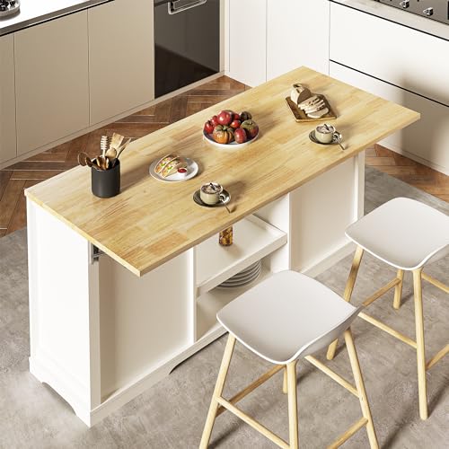 FansaFurn Kitchen Island with Storage and Drop Leaf, Island Table for Kitchen, Coffee Station Cabinet with Rubber Wood Top, Pull-Out Trays, Drawers, Adjustable Shelf, Power Outlet, White - Thumbnail 3
