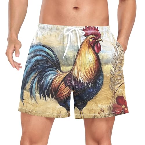 Mens Swim Trunks with Liner, Rooster Farm Vintage Cool Quick Dry Beach Swim Shorts, Swimwear Bathing Suits S
