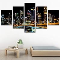 SIGNWIN 5 Panel Canvas Wall Art City Illuminations for Home Decorations Ready to Hang - 60