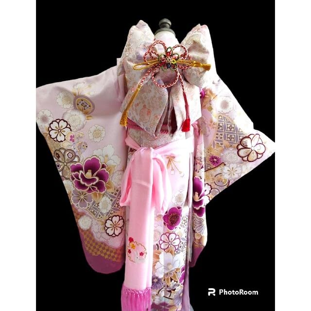 Amazon.co.jp: 高級 薄いピンク紫の着物に作り帯 七五三 フルセット