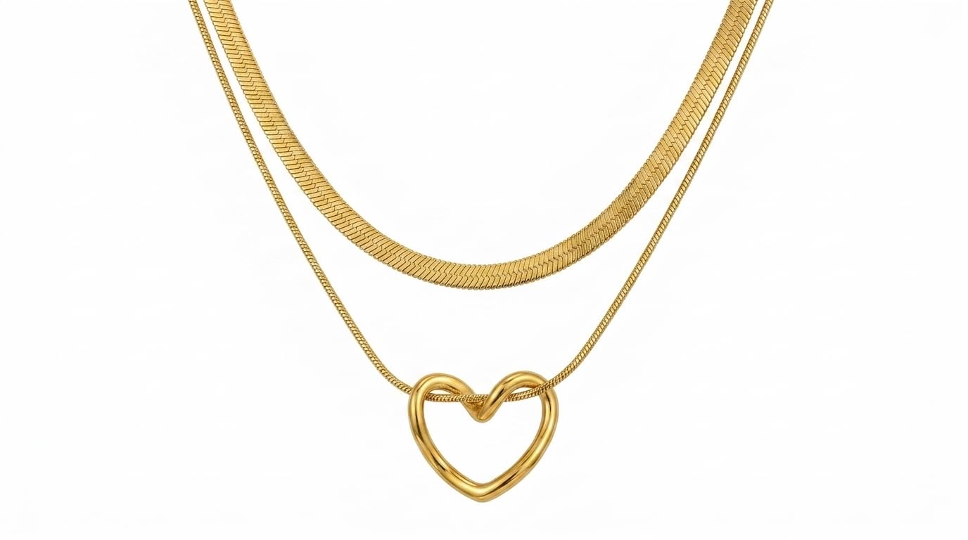 Layered Heart Necklace, Dainty Herringbone Chain with Heart Pendant, Minimalist Statement Jewelry for Women-image-2