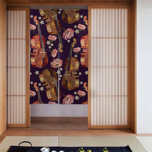 刺繍バイオリンとバラの花柄 ドアカーテン 間仕切りカーテン アコーディオン のれん おしゃれ 多機能 遮光 防寒 暖簾 四季兼用 布製 リビング 飲食店 出入り口 34x56in