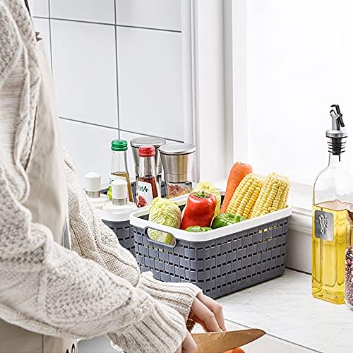 Plastic Storage Basket,3 Pcs Weave Storage Baskets storage baskets Plastic Rattan Storage Basket Set with Handles Plastic Weave Basket Desktop Storage Box for Kitchen Bathroom and Cabinet (dark gray)