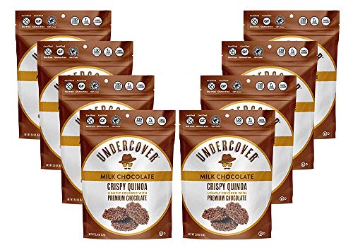 UNDERCOVER CHOCOLATE CRISPY QUINOA CRUNCH | MILK CHOCOLATE | Gluten Free Crispy Quinoa chocolate snacks | Kosher, Allergen Friendly, Nut Free, Plant Based | 8 Pack of 2oz Bags
