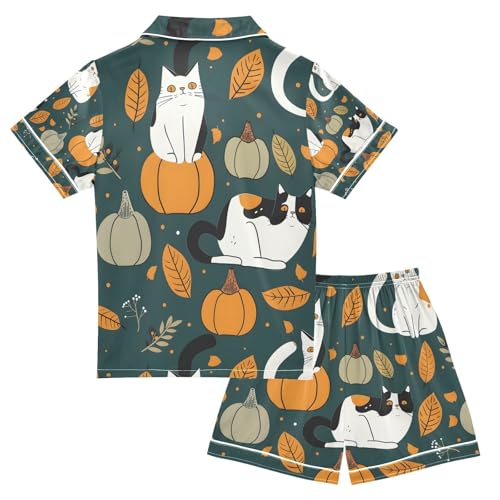 senya Cat on Pumpkin Satin Summer Pajama Sets Silk Short Sleeve Button Down Sleepwear2