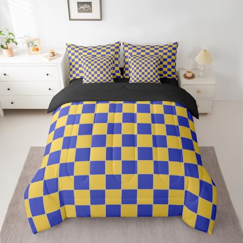 Image of Erosebridal Geometric Plaid Full Bed in A Bag 7 Pcs Yellow Blue Brown Checkerboard Bedding Set for Kids Boys Teen Adults,Checkered Grid Comforter Set with Sheets Modern Aesthetic Bed Set