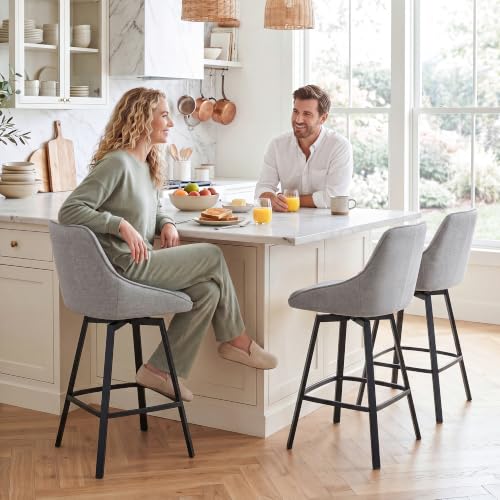 Image of Zesthouse Swivel Bar Stools Set of 3, Modern Counter Height Barstools with Backs, 26'' Upholstered Linen Fabric High Chairs for Island Kitchen, Counter Height Chairs with Metal Legs, Grey