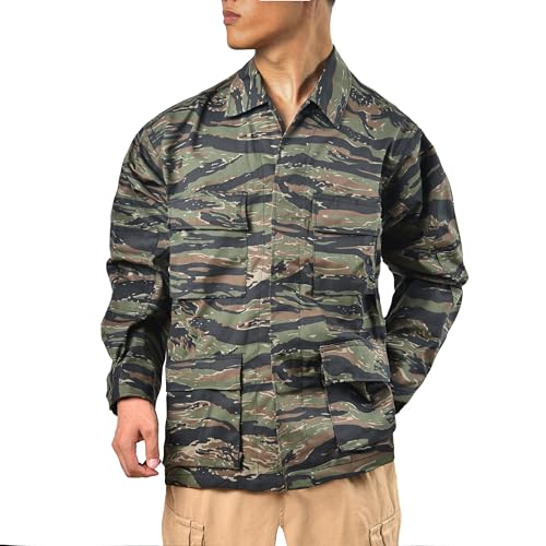 BACKBONE Mens Army Military Battle Dress Uniform BDU Shirt Camo Top Jacket (Tiger Stripe Camo,Size S)