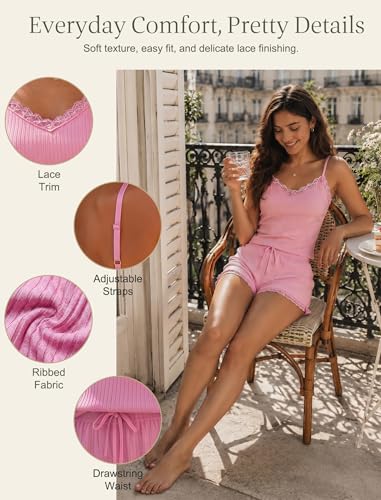 Image of Girece Cami Pajama Set for Women Ribbed Lace Trim 2 Piece Pajamas with Shorts Adjustable Strap Pjs Set Soft Lounge Sleepwear