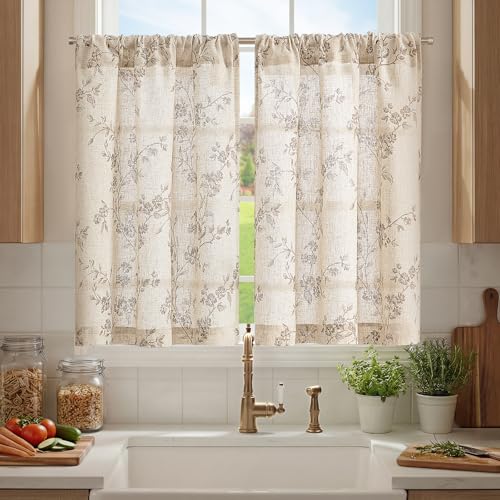 jinchan Floral Kitchen Curtains 36 Inch Linen Tier Curtains Farmhouse Cafe Half Window Drapes Over Sink Light Filtering for Living Room Laundry RV Rod Pocket 2 Panels Taupe on Beige
