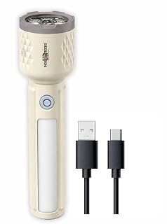 Pick Ur Needs 85W Rechargeable Emergency LED Search Torch with Flood Light | 3600mAh Battery | 6 Lighting Modes | 60W Front & 20W Side | 6H Backup (Cream)