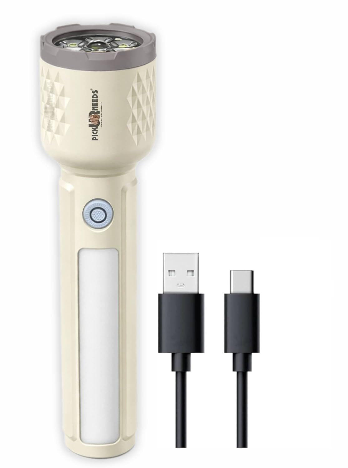 Pick Ur Needs 85W Rechargeable Emergency LED Search Torch with Flood Light | 3600mAh Battery | 6 Lighting Modes | 60W Front & 20W Side | 6H Backup (Cream)-image-45