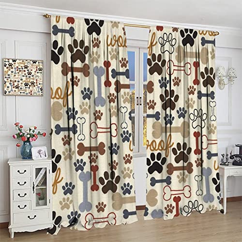 Dog Paw Print Blackout Curtains, Cartoon Dog Paw Print And Bones Window Treatment Thermal Insulated Curtain For Living Room Bedroom 2 Panels Set, 52X84 Inch #TOP3