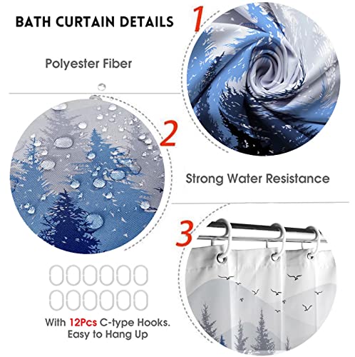 Ddqq 4Pcs Mountain Forest Shower Curtain Set With Non-Slip Rug, Toilet Lid Cover Bath Mat, Foggy Nature Blue Tree Waterproof Shower Curtain With 12 Hooks For Bathtubs Hotel Bathroom Decor #TOP4