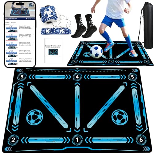 Professional Football Training Mat with Video for Home Skills & Drills - Non-Slip Silent Soccer Footwork Mat for Indoor Dribbling & Ball Control Increase Agility Speed & Strength(60 * 90)