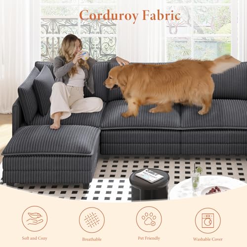 Image of Vesgantti 109 inch L Shaped Cloud Sectional Couch, Comfy Corduroy Upholstered Modular Couches for Living Room, Modern 3 Seater Sectional Sofa with Ottoman Deep Seat, Charcoal Grey