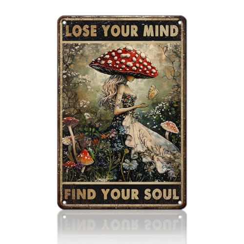 PEACHGARDEN Mushroom Kitchen Decor Mushroom Hunter Decor Lose Your Mind Find Your Soul Metal Tin Sign Vintage Wall Art for Home Kitchen Bar Cafe 8x12inch