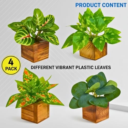 Image of DecoreBugs Artificial Leaves Potted Plants in Wooden Pot (4 Pack) Money Plant | Small Plants for Home Decor | Office Decor