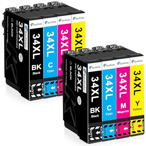 SavFinto Compatible Ink Cartridges Replacement for Epson 34XL 34 for Epson WorkForce Pro WF-3720DWF WF-3725DWF WF3720 WF3725 (8 Pack)