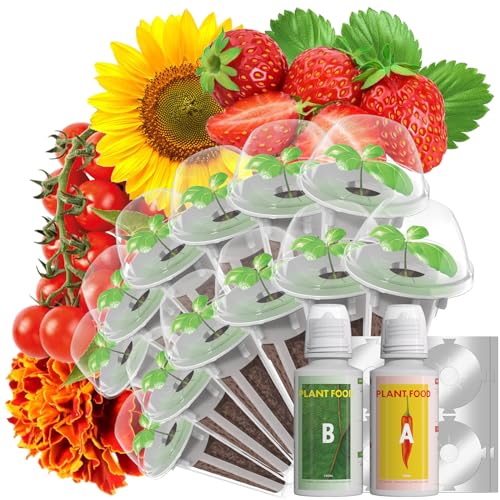 LYKOCLEAN Flower Fruit Seed Pods for AeroGarden, Ahopegarden, iDOO Hydroponics Growing System Indoor, 350 Seeds+ Including Dwarf Sunflower Bambino, Marigold, Red Tomato, Red Strawberry (12-Pods)