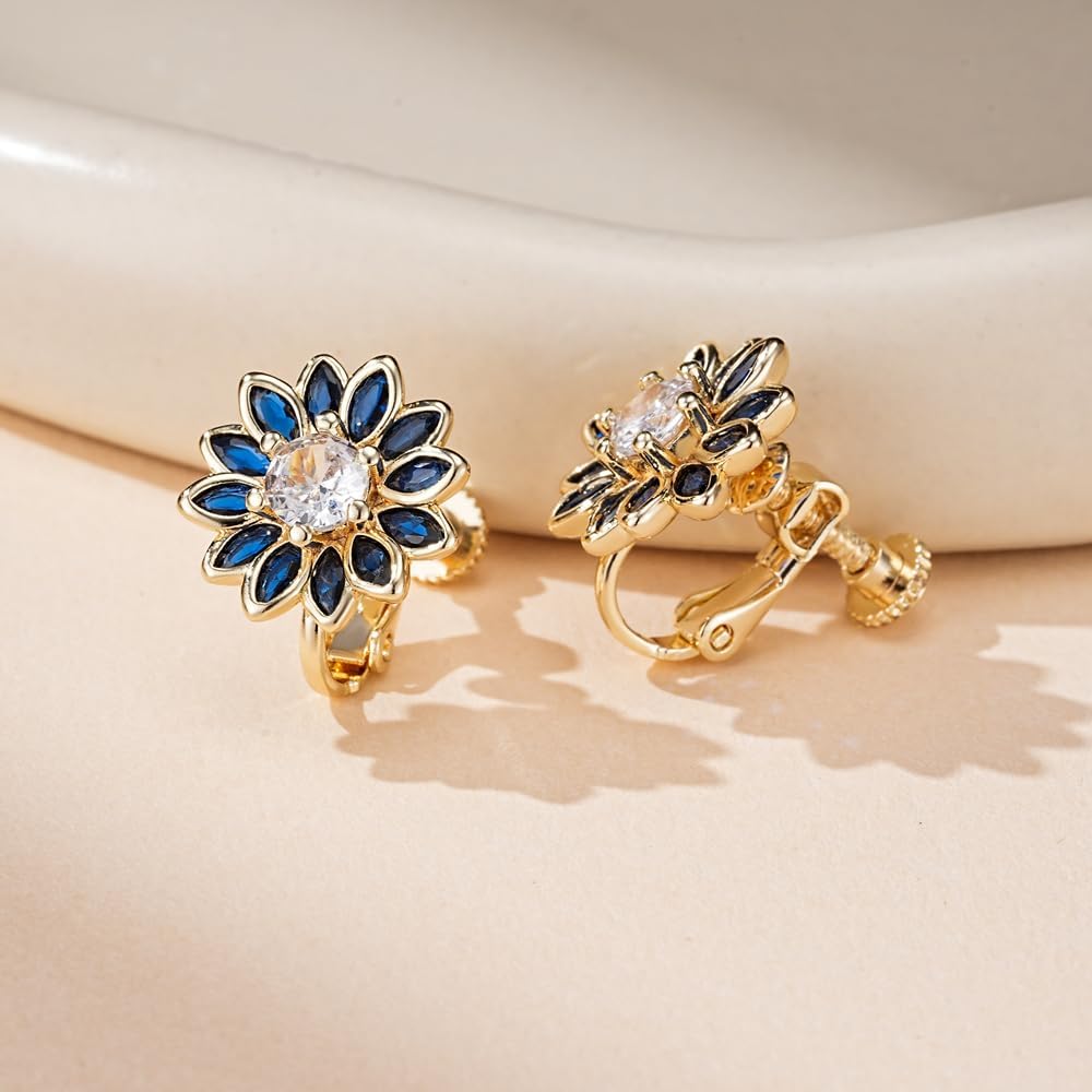 EVEVIC Austrian Crystal Flower Clip on Earrings for Women Trendy,14K Gold Plated Hypoallergenic Non Pierced Sunflower Earrings Jewelry Gift - Image 4