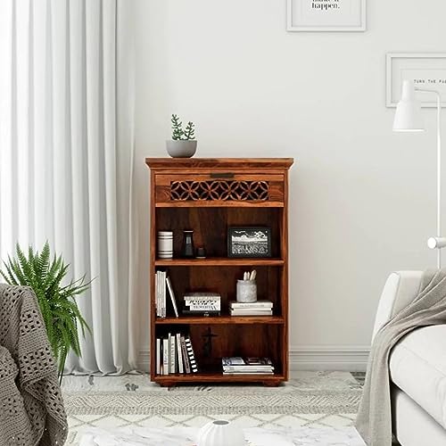 Image of Sheesham Wood Book Shelf with Open Cabinet and Drawer Storage for Home Living Room Library Office Furniture Wooden Bookcase Unit Display Rack (Honey Finish)